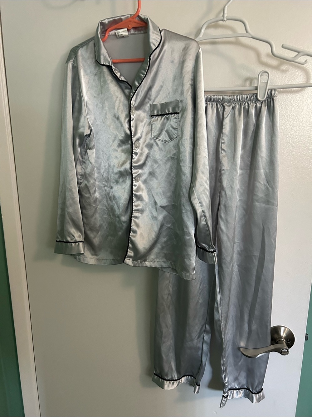 Kids Silver Satin Pajama Set with Contrast Trim